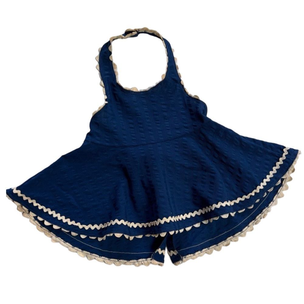 Vintage 1970s Apron Style Tie Belt Swing Halter Dress with Scalloped Trim
